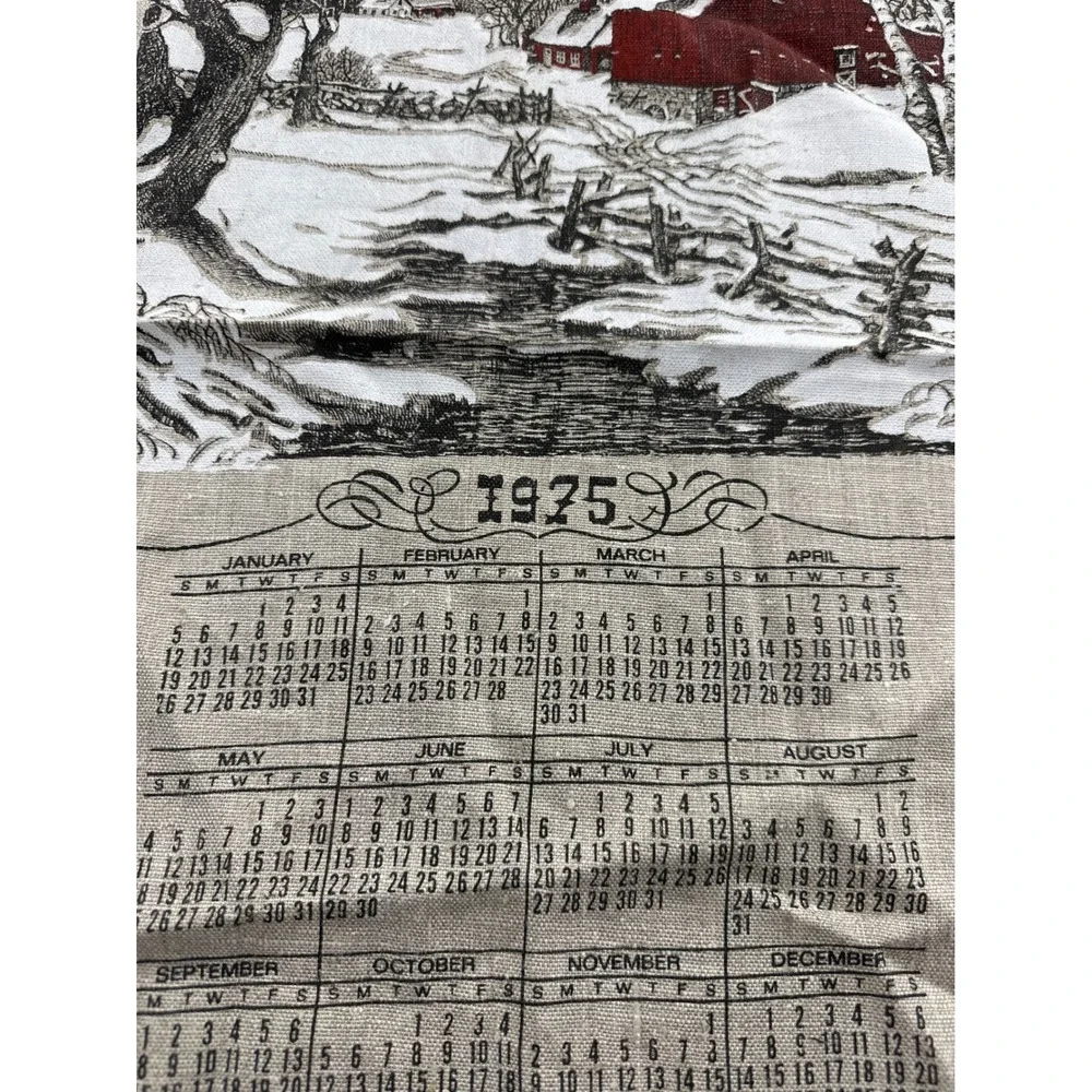 Vintage 1975 Linen Calendar Tea Towel Red Barn Winter Scene Farmhouse Decor